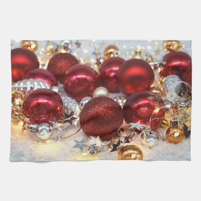 Christmas Red & Silver Decor Balls Tea Towel (Horizontal)