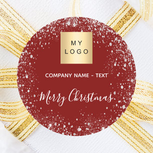 Christmas red silver glitter business logo classic round sticker