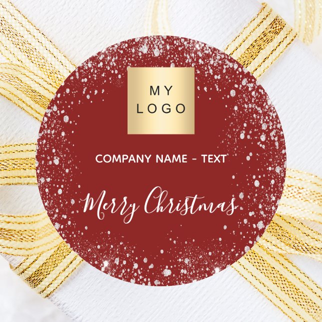 Christmas red silver glitter business logo classic round sticker (Creator Uploaded)