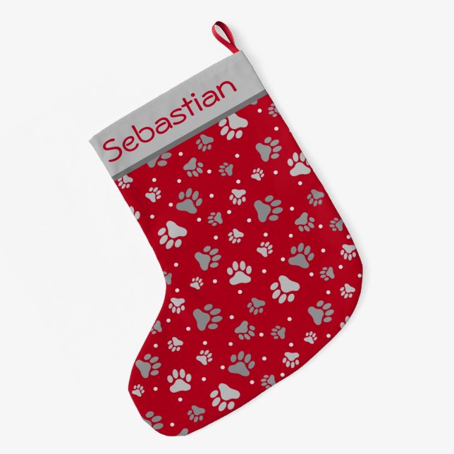 Christmas Red & Silver Paw Prints Personalized Pet Large Christmas Stocking (Back (Hanging))