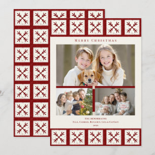 Christmas Red Snowflake Quilt 3 Family Photos Holiday Card