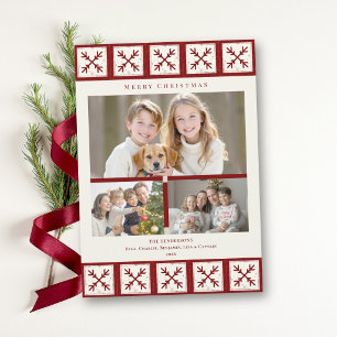 Christmas Red Snowflake Quilt 3 Family Photos Holiday Card