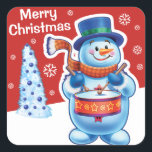 Christmas red square sticker Snowman drummer.<br><div class="desc">Christmas red square sticker Snowman drummer. and other Snowfolk. Winter Wonderland snowmen. Loveable wintery snowmen and snowgirl characters playing their instruments in a Christmas band. Also check out the matching loveable wintery characters with skating penguins, sledging snowgirls, skiing snowmen and skating snowmen : ) A lovely illustrated original sticker to...</div>