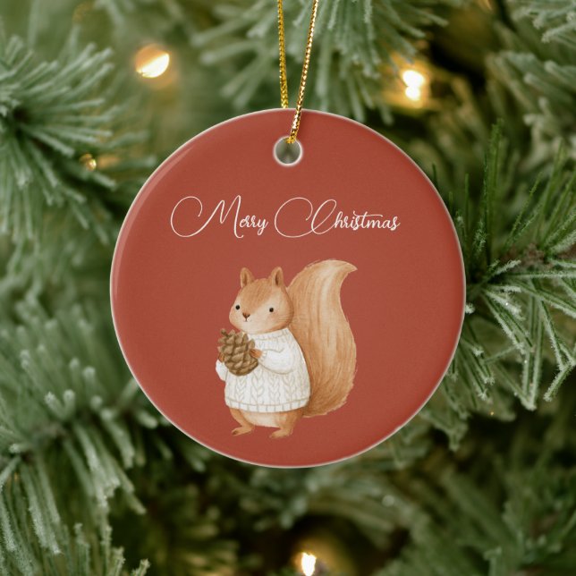 Christmas Red Squirrel Pine Cone Ceramic Tree Decoration (Tree)