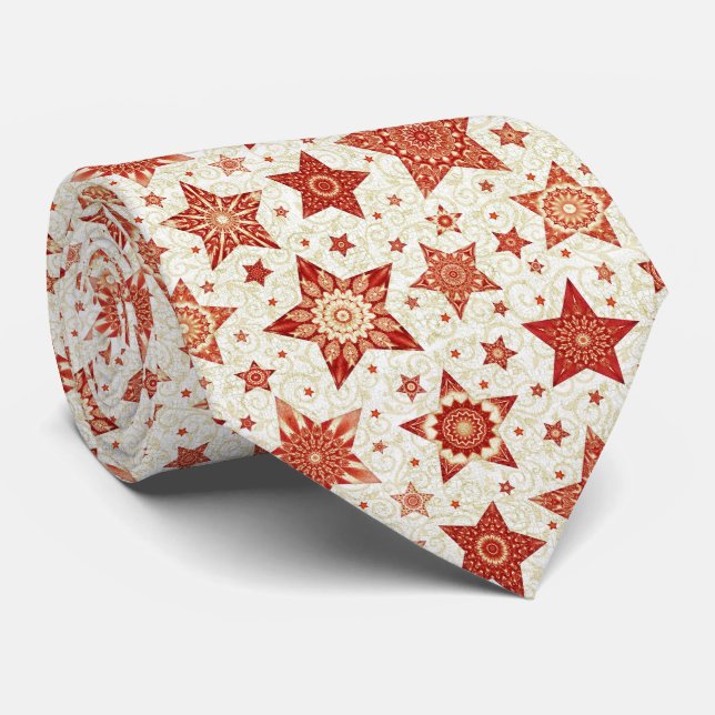 Christmas Red Stars with Damask Pattern Tie (Rolled)