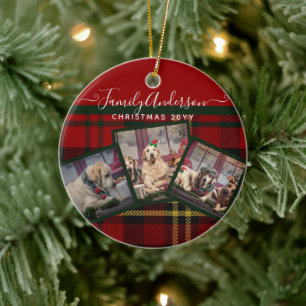 CHRISTMAS Red Tartan Photo Collage  Ceramic Tree Decoration
