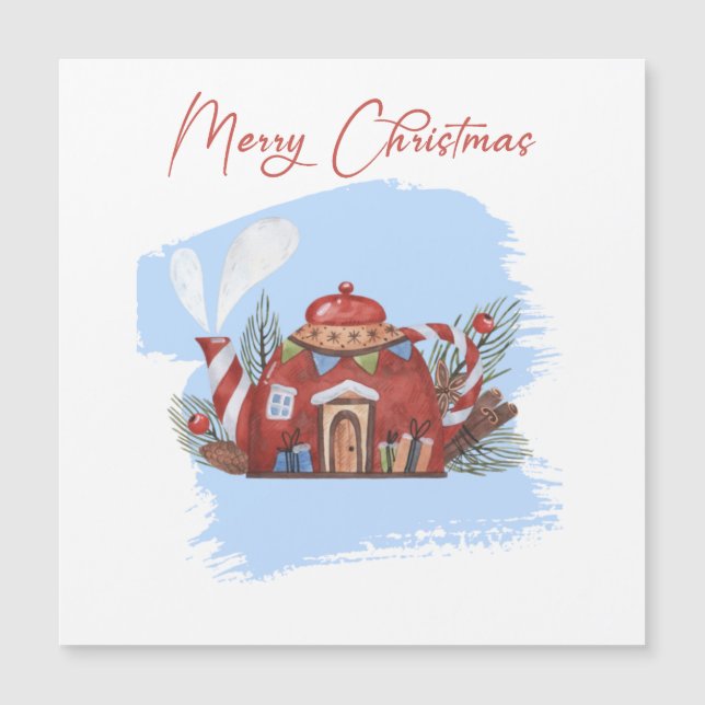 Christmas Red Tea Pot House Magnetic Card (Front)