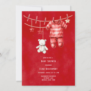 Christmas Red Teddy Bear Clothesline Baby Shower Invitation