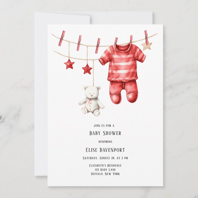 Christmas Red Teddy Bear Clothesline Baby Shower Invitation (Front)