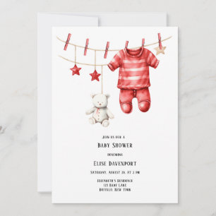 Christmas Red Teddy Bear Clothesline Baby Shower Invitation