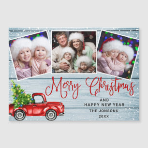 Christmas Red Truck 3 Photo Holiday Magnetic Card