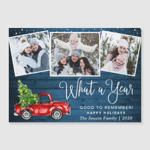 Christmas Red Truck 3 Photo Holiday Magnetic Card