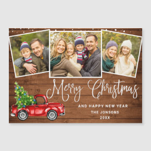 Christmas Red Truck 3 Photo Holiday Magnetic Card