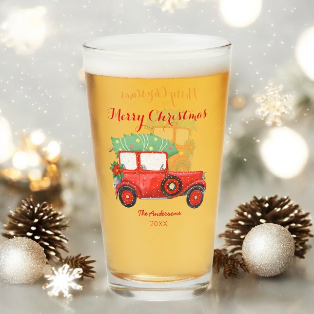 Christmas Red Truck Car Holidays Glass Cup (Creator Uploaded)