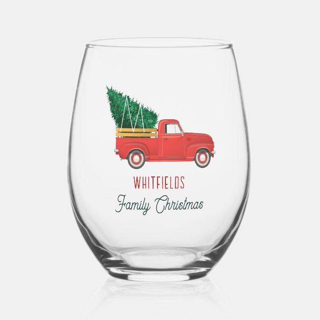 Christmas Red Truck Family Holiday Custom Stemless Wine Glass (Front)