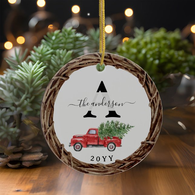 Christmas Red Truck Family Monogram with Photo  Ceramic Tree Decoration (Christmas Red Truck Family Monogram with Photo Ceramic Ornament)