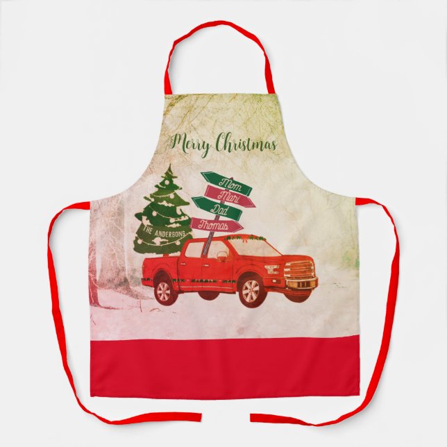Christmas Red Truck Family Name Vintage Classic   Apron (Front)