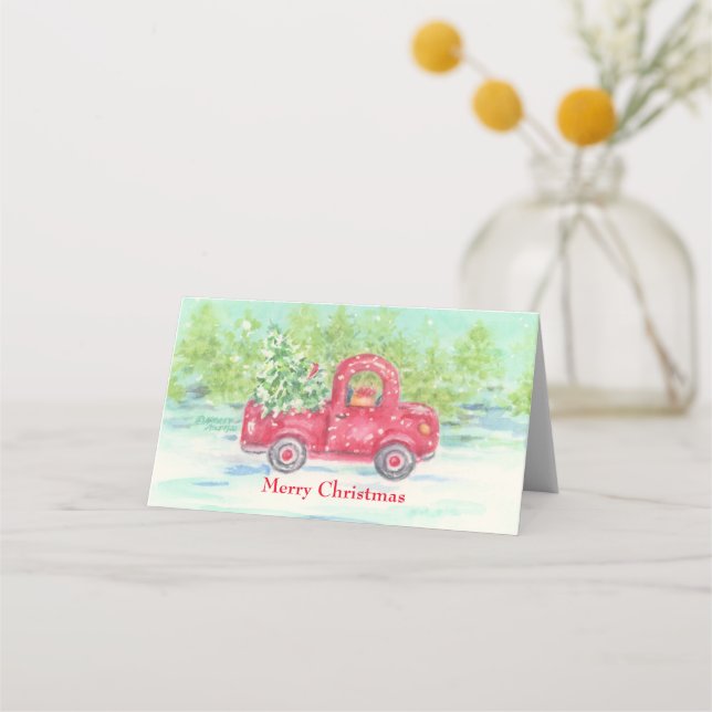 Christmas Red Truck Folded Place Card (Front)
