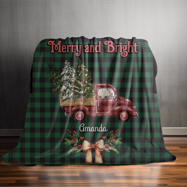 Christmas red truck green baffalo plaid monogram fleece blanket (Creator Uploaded)
