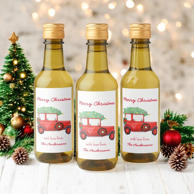 Christmas Red Truck Green Tree Holiday    Wine Label (Creator Uploaded)