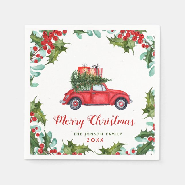Christmas Red Truck Holly Berry Wreath Watercolor Napkin (Front)