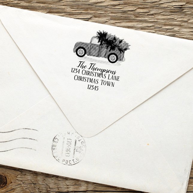 Christmas Red Truck Return Address Personalised Self-inking Stamp (Christmas holiday vintage red truck simple return address self inking stamp.)