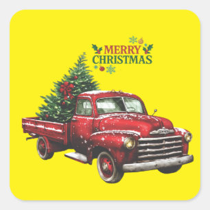 christmas, red, truck, vintage, square sticker