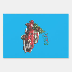 christmas, red, truck, vintage, wrapping paper sheet