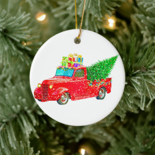 Christmas red truck with a Christmas tree and gift Ceramic Tree Decoration