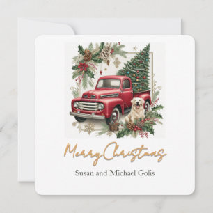 Christmas Red Truck with Greenery Gold  Font  Holiday Card