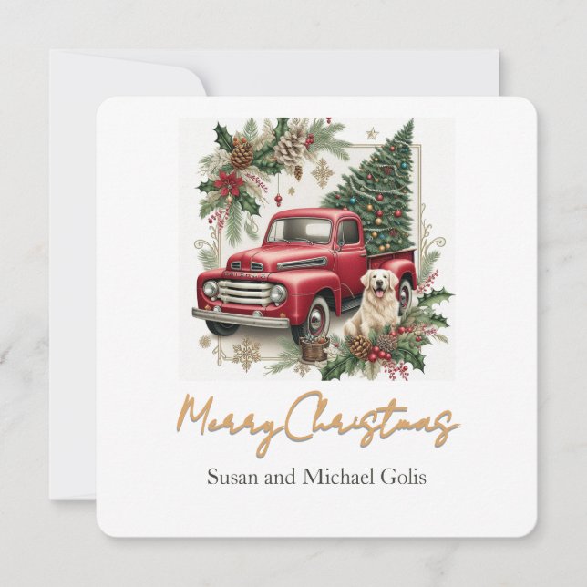Christmas Red Truck with Greenery Gold  Font  Holiday Card (Front)