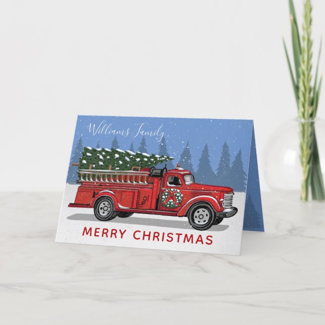 Christmas Red Vintage Fire Truck Wreath Holiday Card (Front)