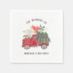 Christmas Red Vintage Truck and Trees Wedding Napkin