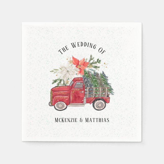 Christmas Red Vintage Truck and Trees Wedding Napkin (Front)