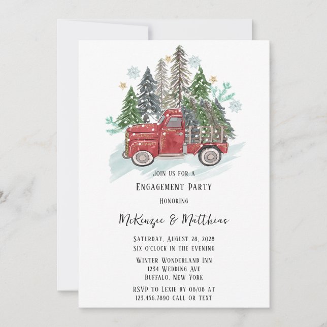 Christmas Red Vintage Truck Engagement Party Invitation (Front)