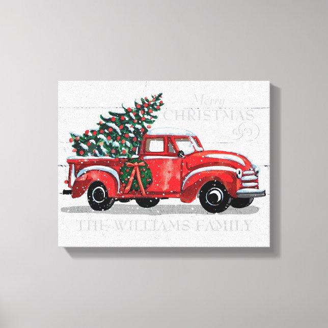 Christmas Red Vintage Truck Family Name Canvas Print (Front)