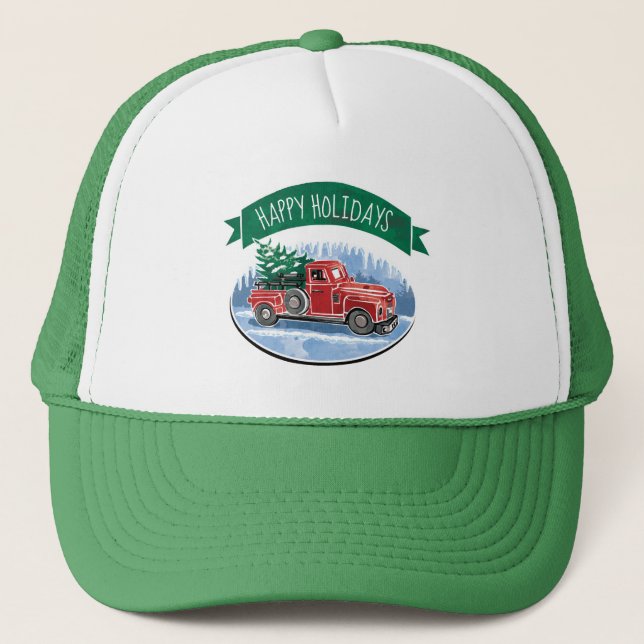 Christmas Red Vintage Truck Happy Holidays Trucker Hat (Front)