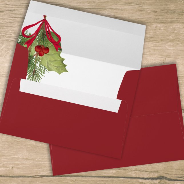 Christmas Red Watercolor Holly Berries Greenery Envelope (Christmas holiday watercolor greenery with red holly berries. )