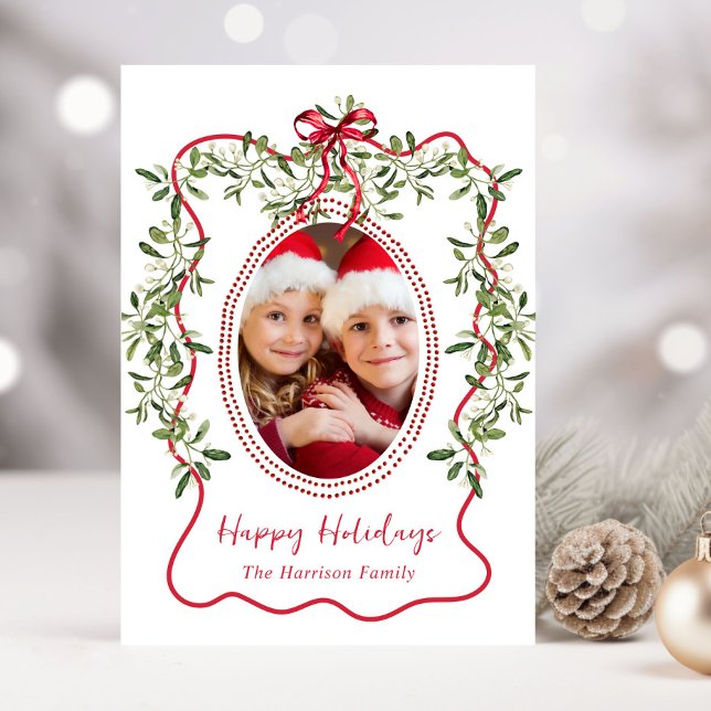 Christmas Red Wavy Frame Bow Greenery Photo Holiday Card (Share the love and warmth of the holiday season with this personalized photo Christmas card)