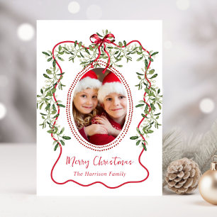 Christmas Red Wavy Frame Bow Greenery Photo Holiday Card