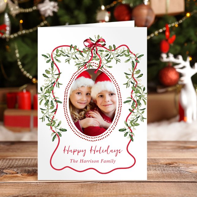 Christmas Red Wavy Frame Bow Greenery Photo Holiday Card (Creator Uploaded)