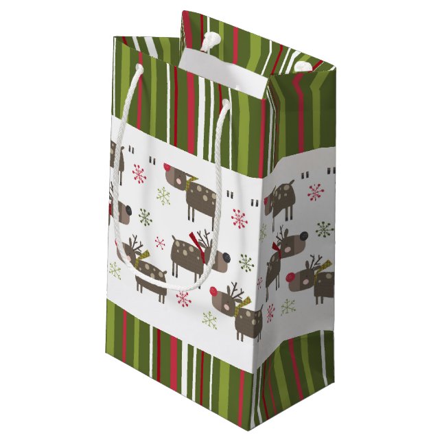 Christmas Red, White and Green Reindeer and Stripe Small Gift Bag (Back Angled)