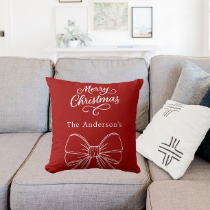 Christmas red white bow script cushion