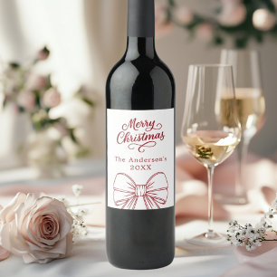 Christmas red white bow script  wine label