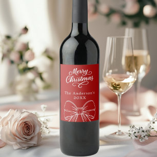 Christmas red white bow script  wine label
