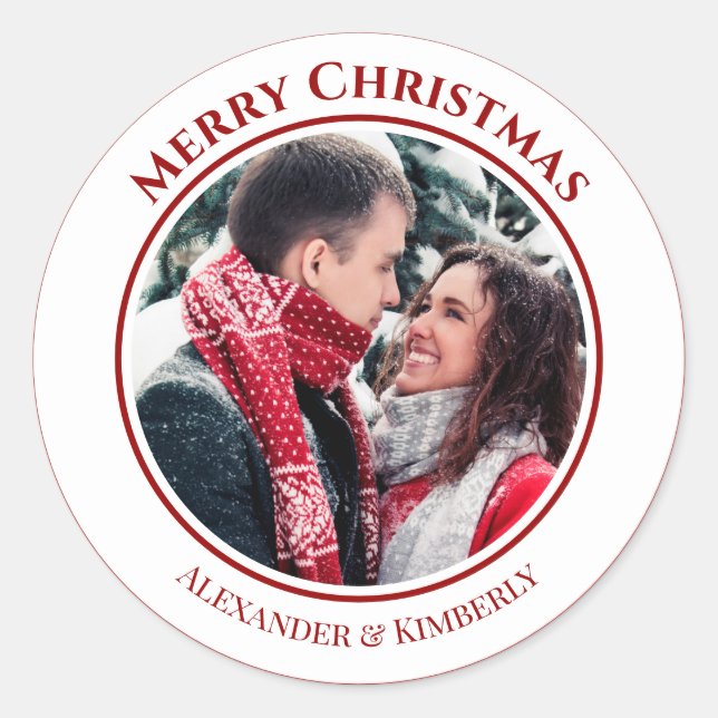 Christmas Red White Circle with Top Bottom Texts Classic Round Sticker (Front)