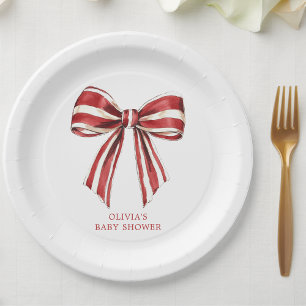 Christmas Red   White Coquette Bow Baby Shower Paper Plate