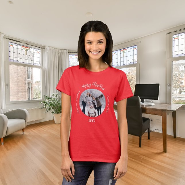 Christmas red white family photo names T-Shirt (Creator Uploaded)