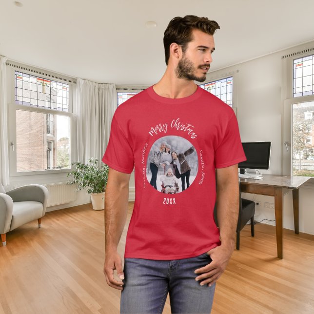 Christmas red white family photo names T-Shirt (Creator Uploaded)
