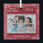 Christmas red white family photo winter window glass tree decoration<br><div class="desc">A classic dark red Christmas style background colour,  decorated with faux glitter.The text: Merry Christmas with a white hand lettered style font,  letters.  Personalise and add your own family photo and family name,  year. A winter window overlay over the photo.</div>
